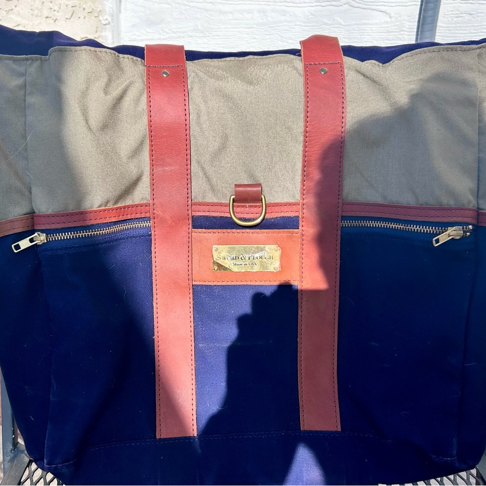 Sword & Plough Signature Tote Bag Navy Blue & Tan Leather
